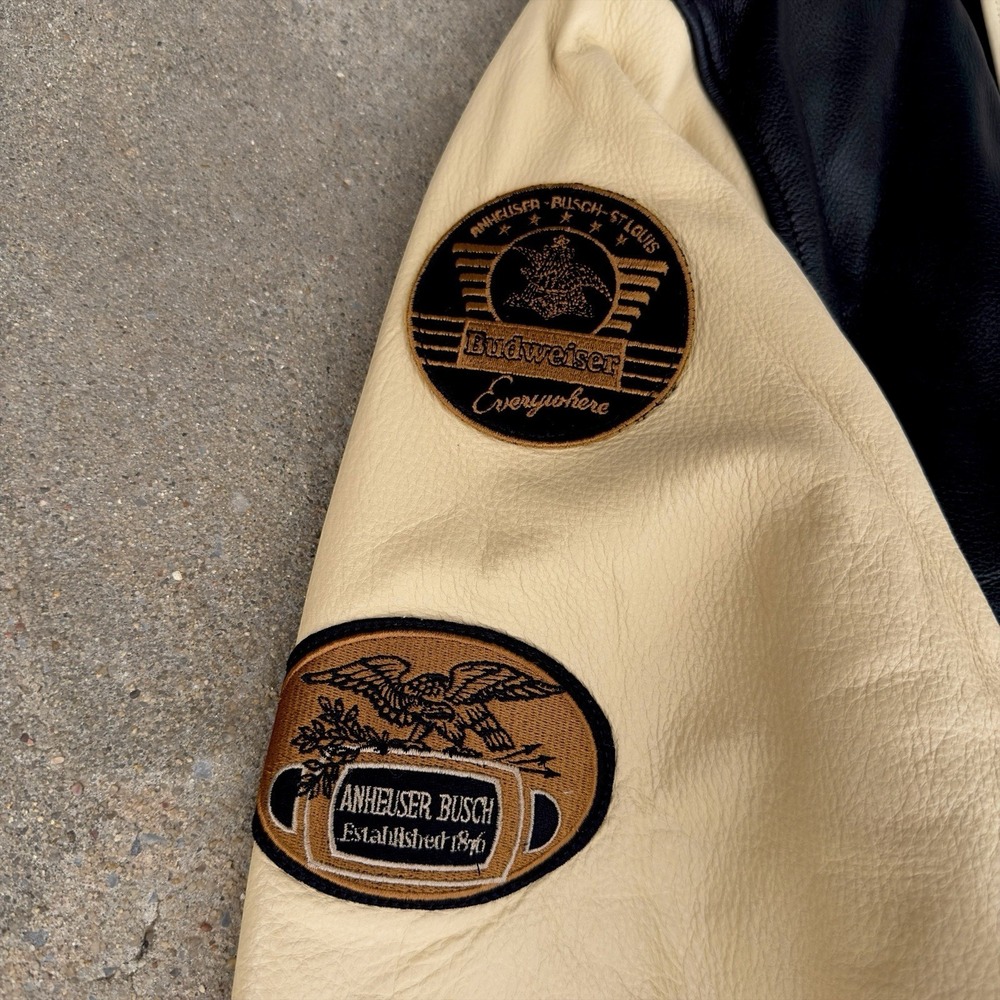 VTG Excelled Anheuser Busch Budweiser Leather Bomber Jacket Embroidered Men's L - Picture 9 of 16